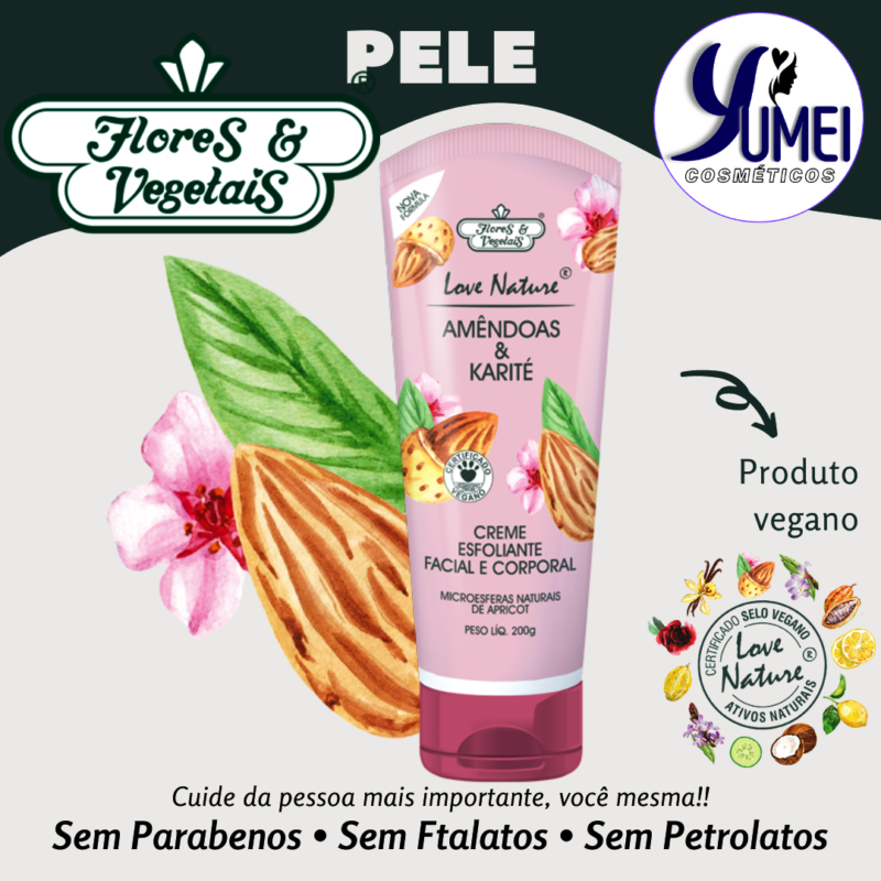 Creme Esfoliante Facial E Corporal Amêndoas & Karité Com Microesferas Naturais De Apricot Flores & Vegetais 200g