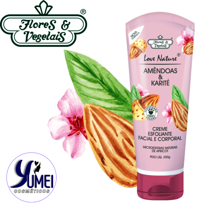 Creme Esfoliante Facial E Corporal Amêndoas & Karité Com Microesferas Naturais De Apricot Flores & Vegetais 200g - Image 2