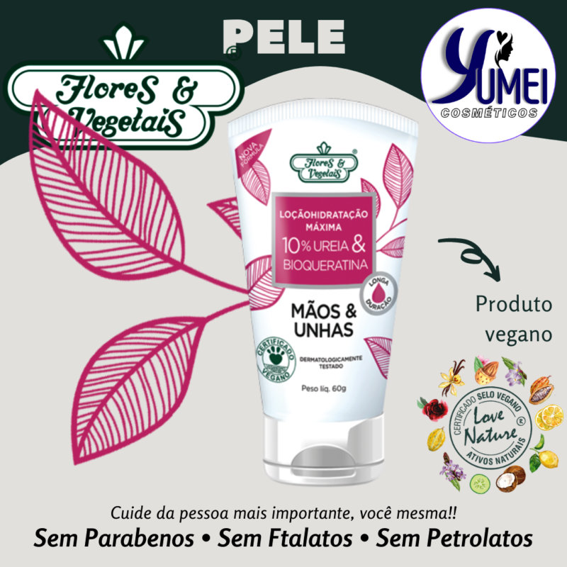 Loção Mãos Unhas e Cutículas De Hidratação Máxima Ureia 10% & Bio Queratina Flores & Vegetais 60g