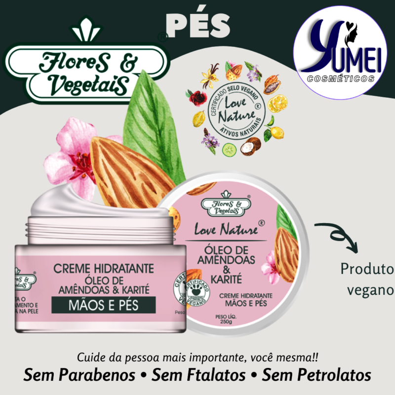 Creme Hidratante Mãos E Pés Amêndoas E Karité Love Nature® Flores & Vegetais 250g